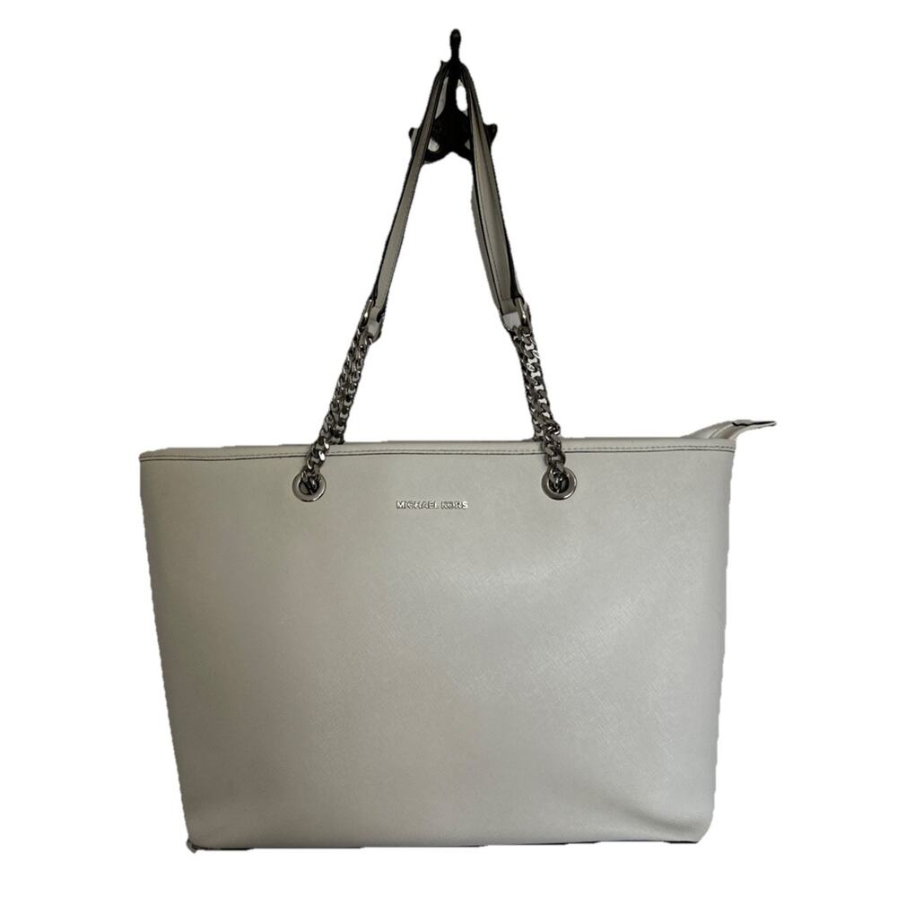 Michael Kors White Silver Chain Jet Set Travel Tote